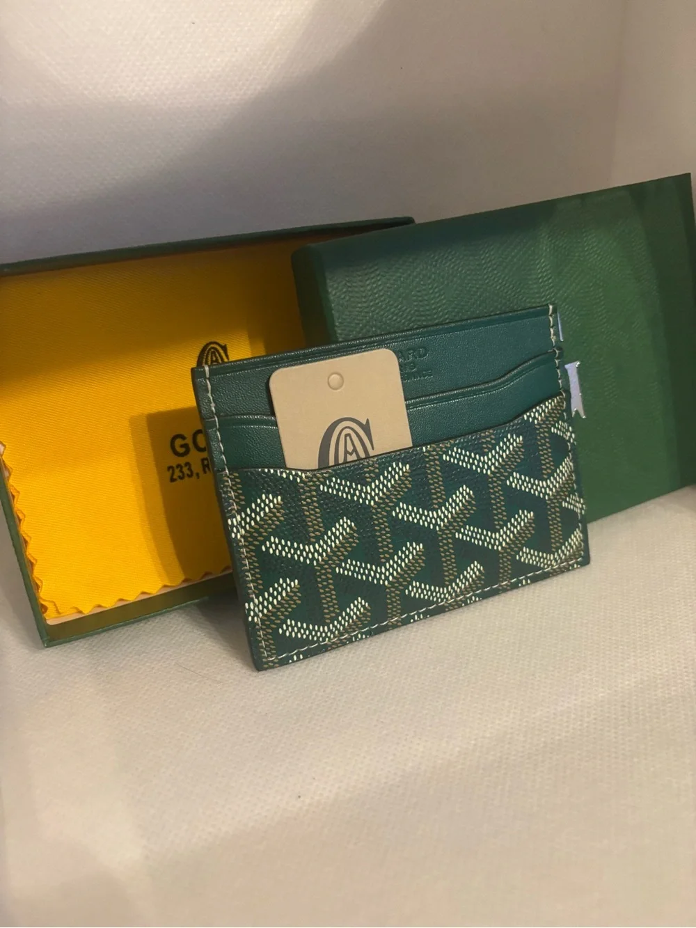Green Chevron Patterned Card Holder with Leather Trim